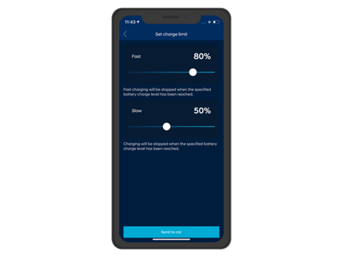 Snímek obrazovky aplikace Hyundai Bluelink® na chytrém telefonu: limity pro nabíjení.